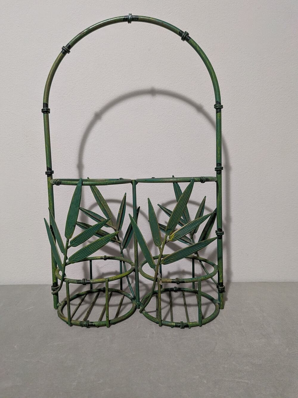 Vintage Green Metal Bamboo Wine Rack Tabletop Holder 16" Holds 2 Bottles